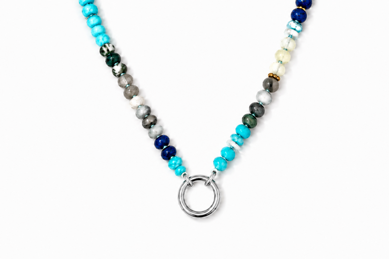 Amala Blue Bead Silver Charm Carrier Necklace featuring jade, shell, turquoise and labradorite beads with a waterproof white gold plated charm carrier clasp.