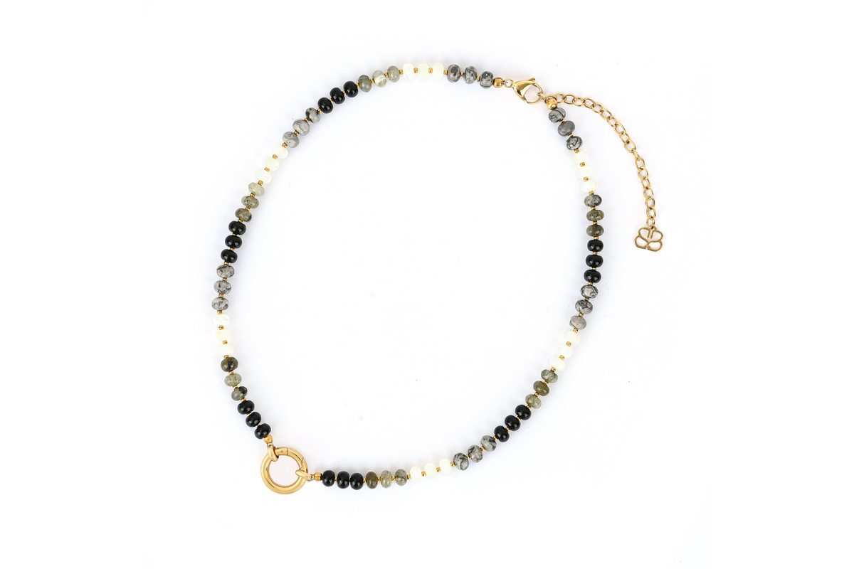 Amala Black Mix Bead & Fleur Labradorite Gold Charm Carrier Necklace SS