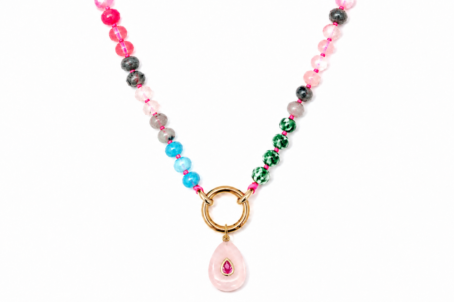 Amala Pink & Blue Gold Fleur Rose Quartz Teardrop Charm Necklace