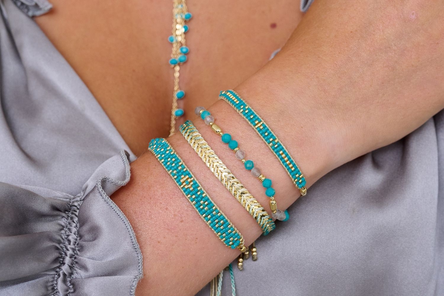 The Aslan Turquoise Gold shines through every season and perfect for styling with multiple bracelets from the Boho Betty collections.