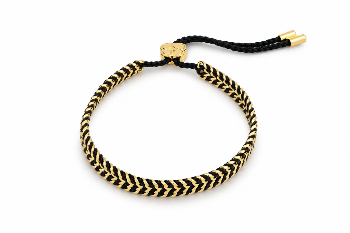 Aztec black waterproof gold braided friendship bracelet by Boho Betty – adjustable slider, stackable and waterproof