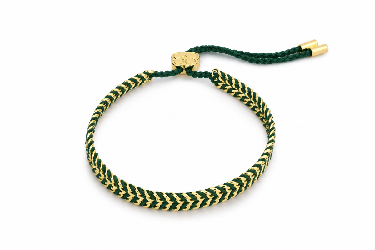 Aztec forest green waterproof gold braided friendship bracelet by Boho Betty – adjustable slider, stackable and waterproof