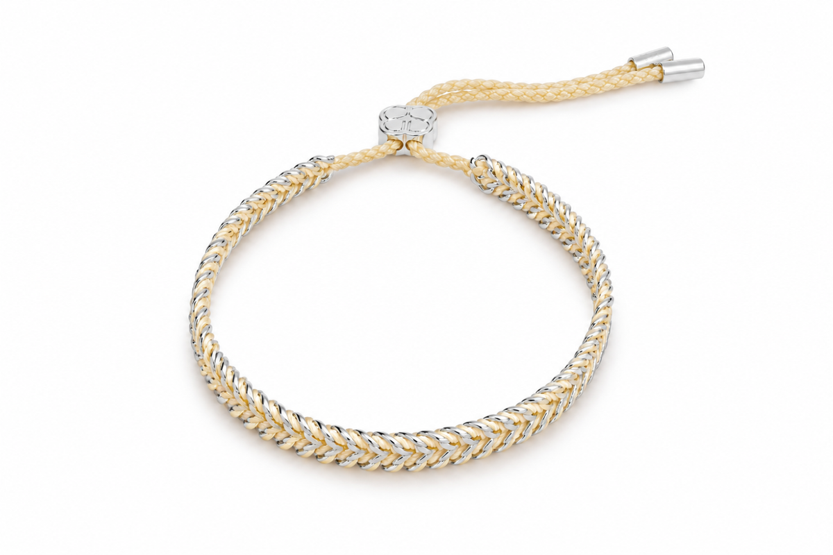Aztec light taupe waterproof silver braided friendship bracelet by Boho Betty – adjustable slider, stackable and waterproof