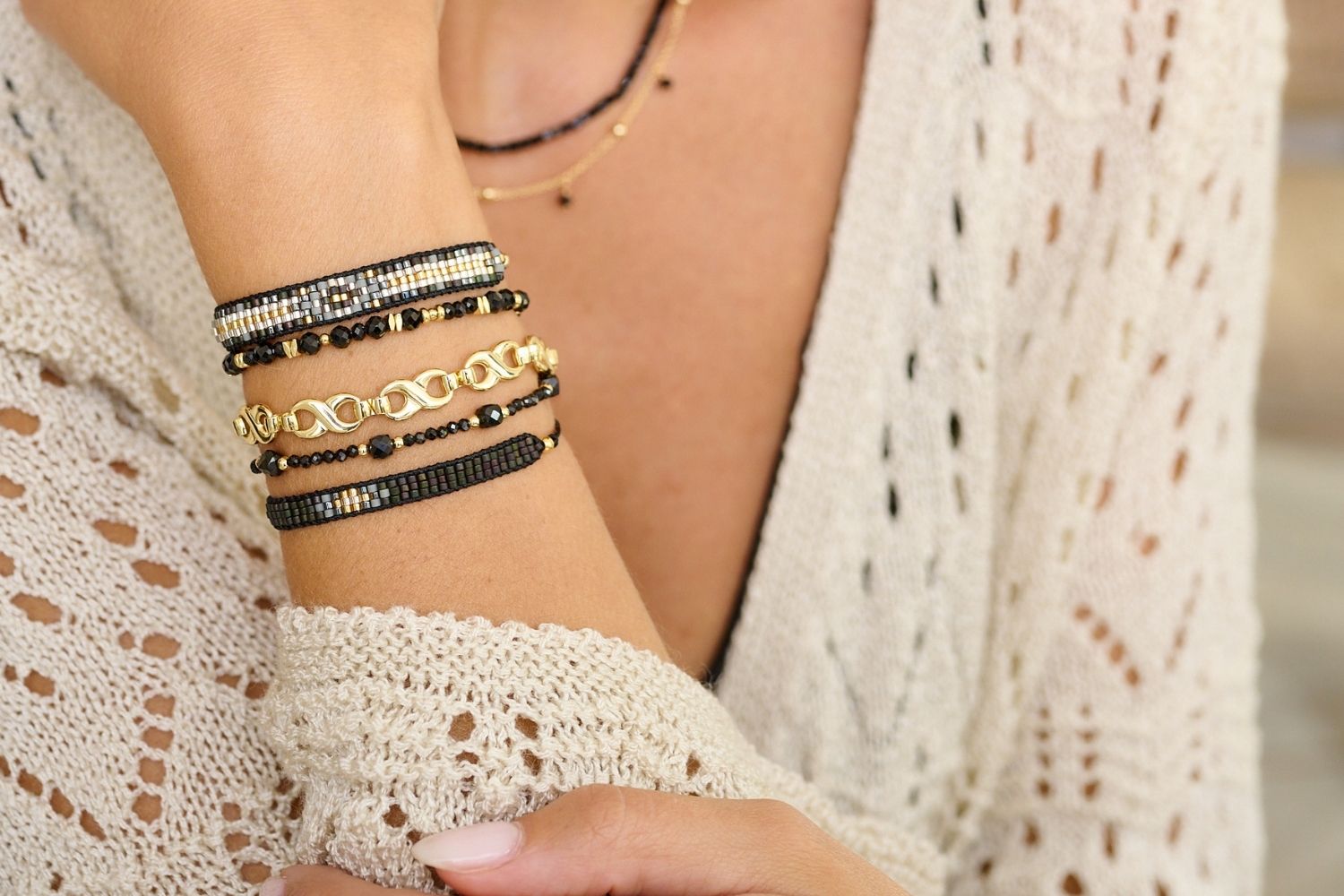 Bliss Gold & Black Spinel Beaded Slider Bracelet