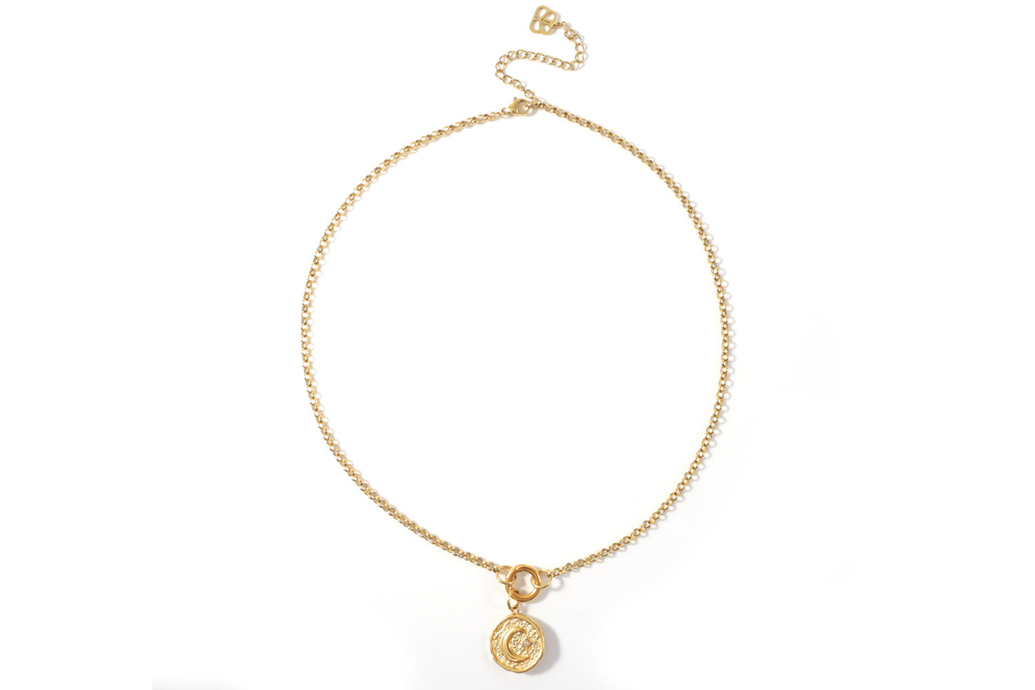 Full length view of the reverse side of the Eira Pendant Necklace featuring a Moon.