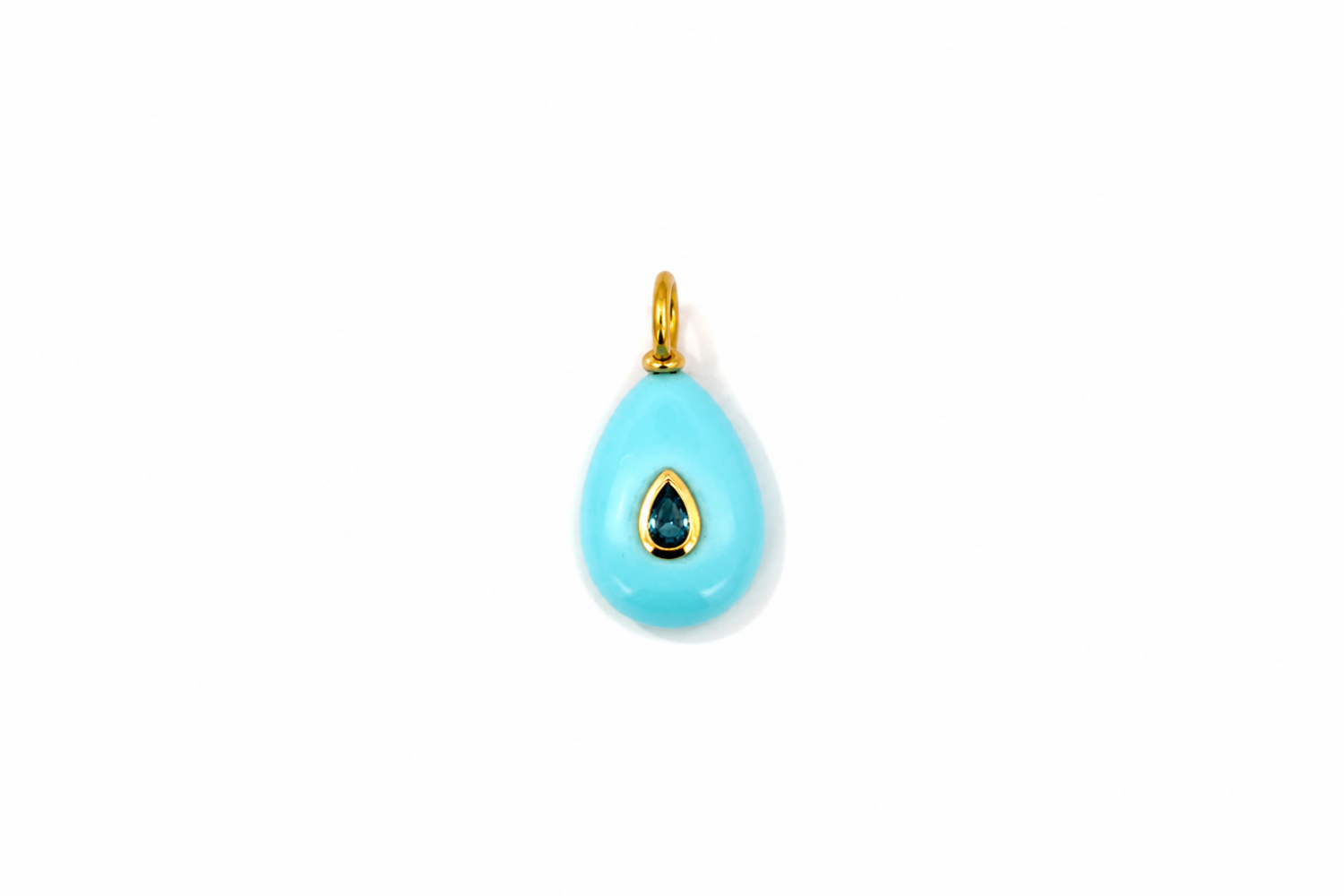 Fleur Turquoise Charm Gold featuring a carved turquoise-coloured gemstone with a blue crystal on a waterproof 14k gold PVD loop.
