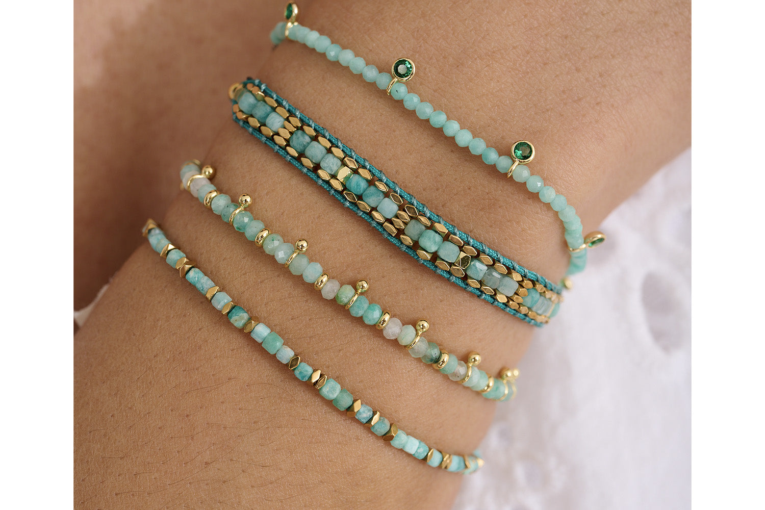 The delicate hues of Amazonite make this a wonderful stack highlighted with gleaming gold.