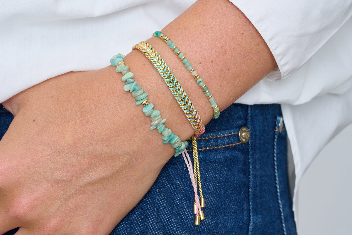 Iztac Candy Gold braided bracelet styled with Boho Betty stacking bracelets