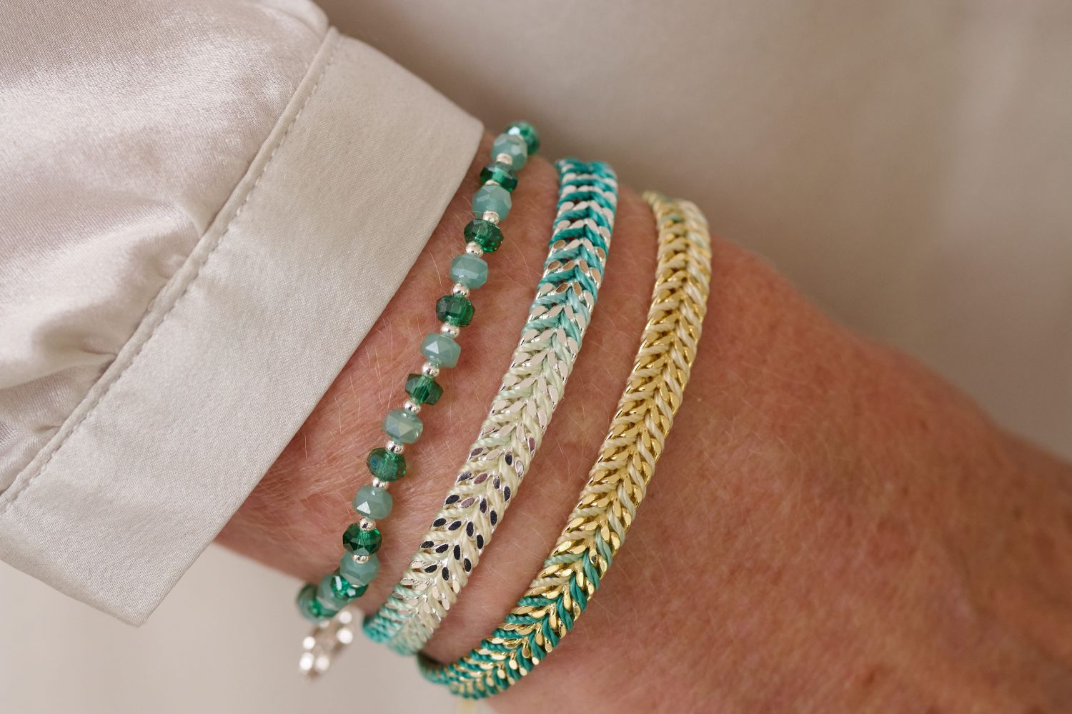 Prunus Aqua & Silver Bracelet styled with Iztac Turquoise bracelets