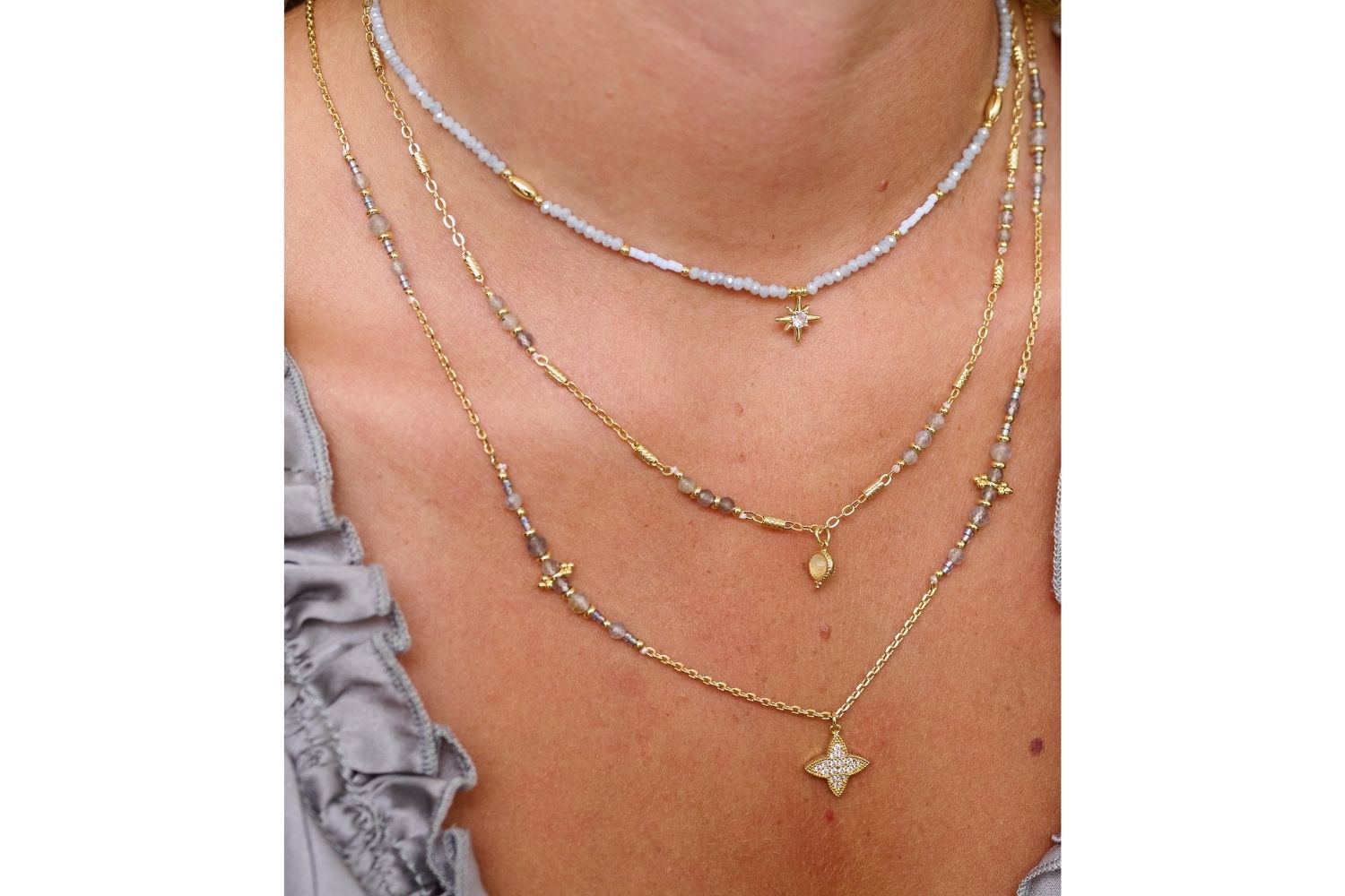 Aditi Grey Beaded Star Charm Necklace