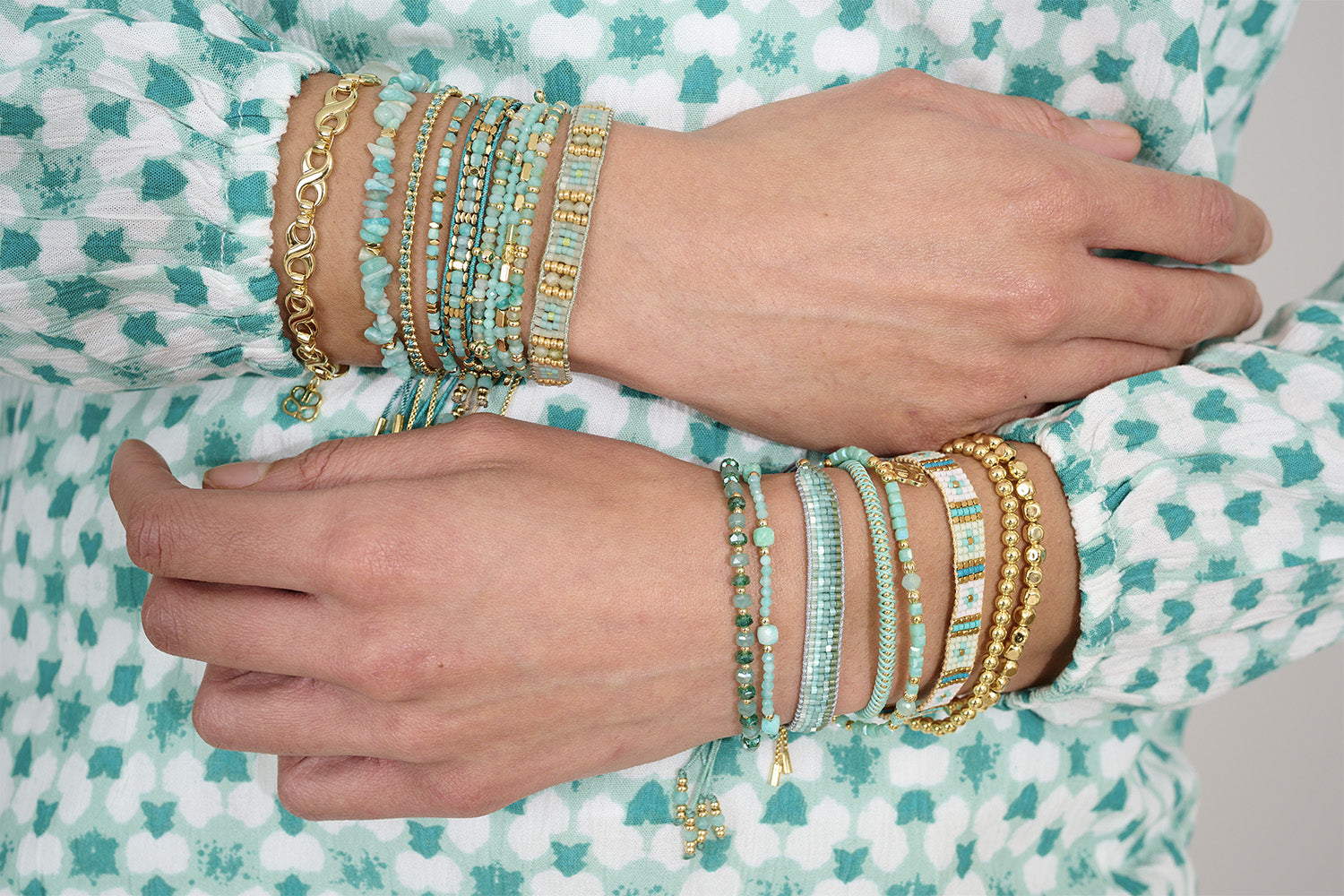 Stack them high with Green Aventurine and Turquoise tones.
