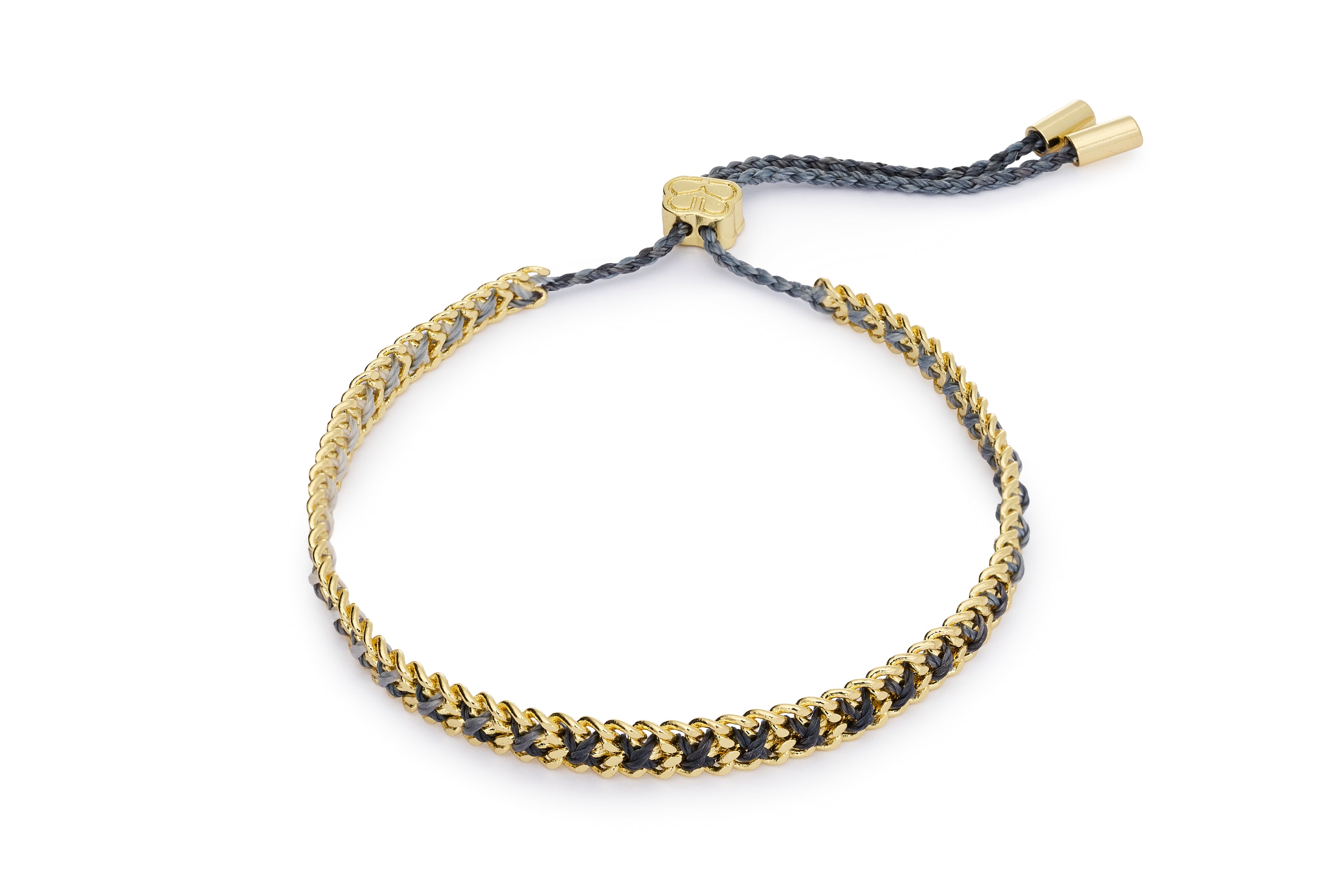 Lilia charcoal and gold woven bracelet with 12k gold-plated brass chain and adjustable slider