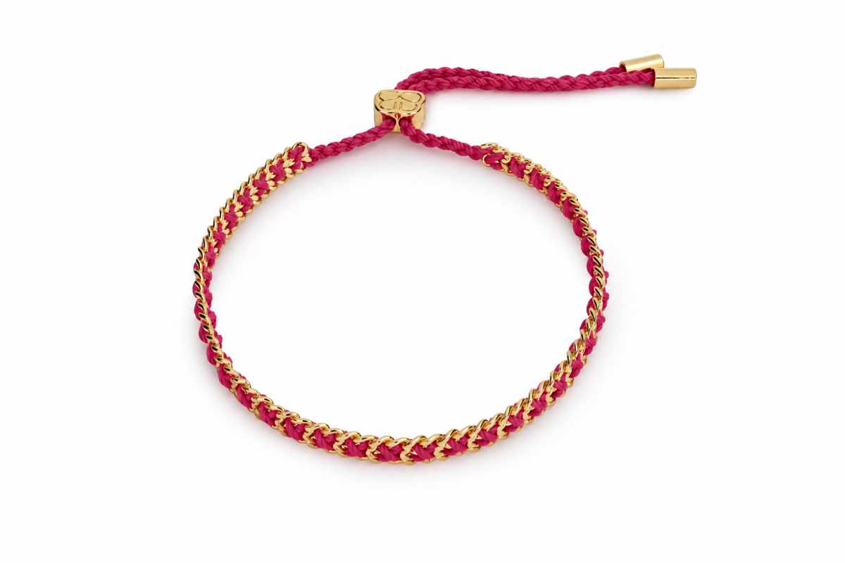 Lilia raspberry waterproof gold woven friendship bracelet by Boho Betty – adjustable slider, stackable and waterproof