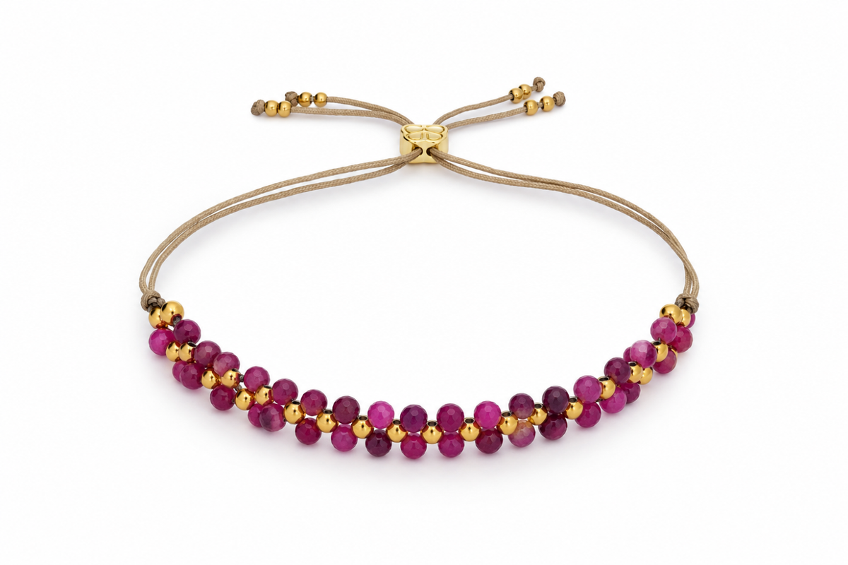 Marisol ruby waterproof gold gemstone slider bracelet by Boho Betty – faceted deep red ruby beads, adjustable, stackable and waterproof