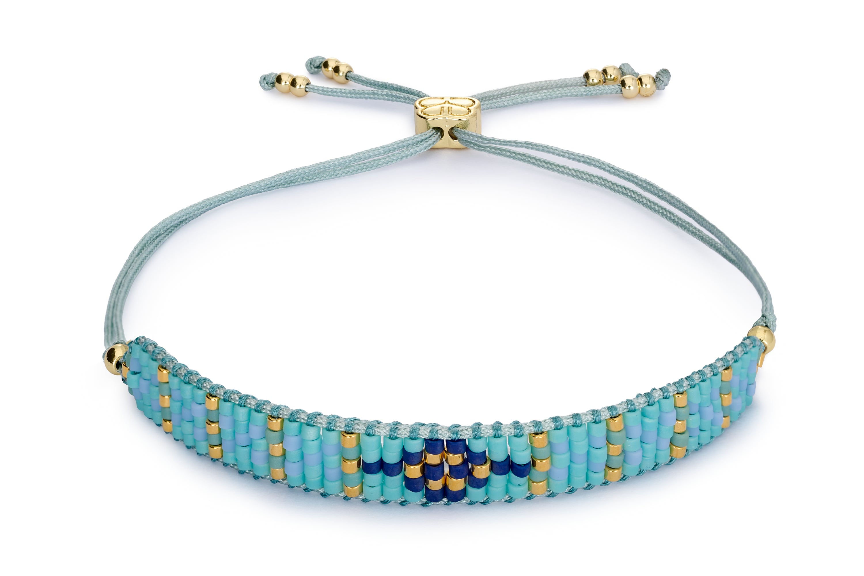 Matira Friendship Bracelet with blue tones and gold Miyuki beads on a Boho Betty branded thread slider.