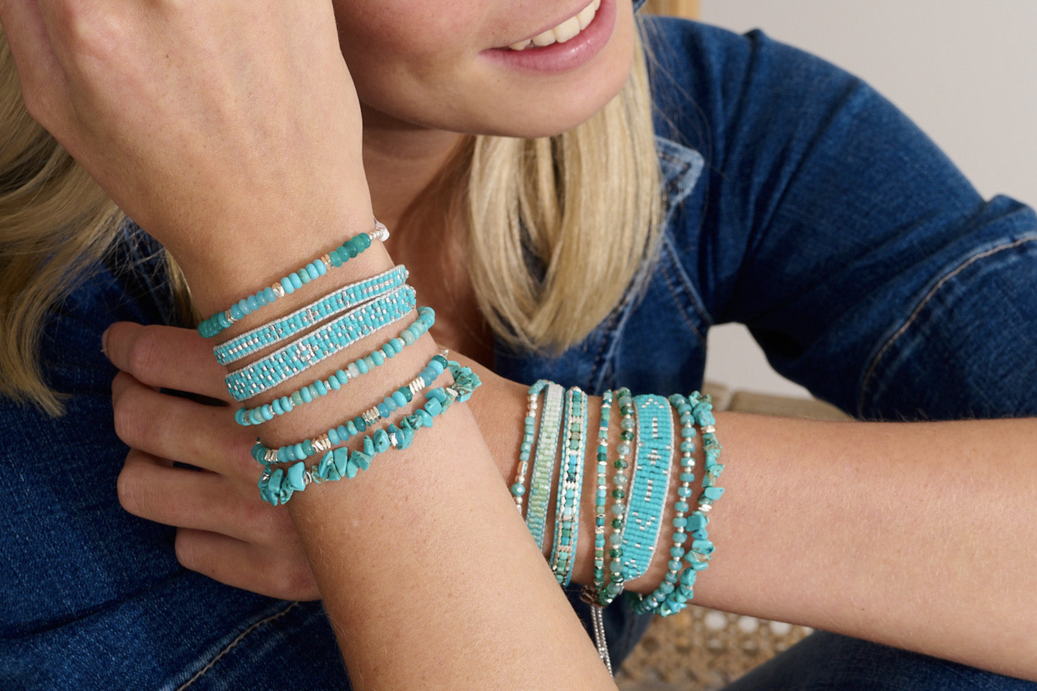Layer your bracelets high with stunning turquoise to compliment any outfit all year round.