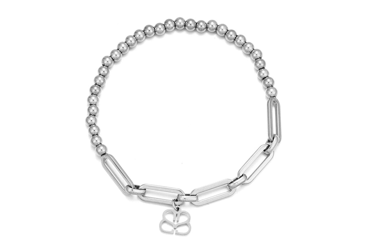 Mora waterproof silver bead and paperclip chain stretch bracelet by Boho Betty – half beads half chain with logo charm, 18cm stretch fit, stackable and waterproof