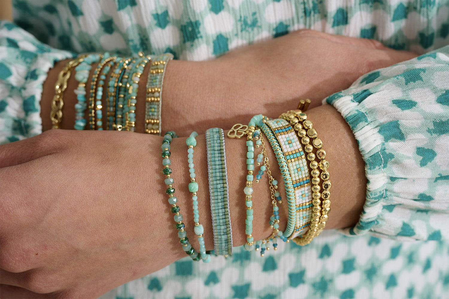 Aqua, Green and Gold bracelet stack inspirations for oceanic vibes!