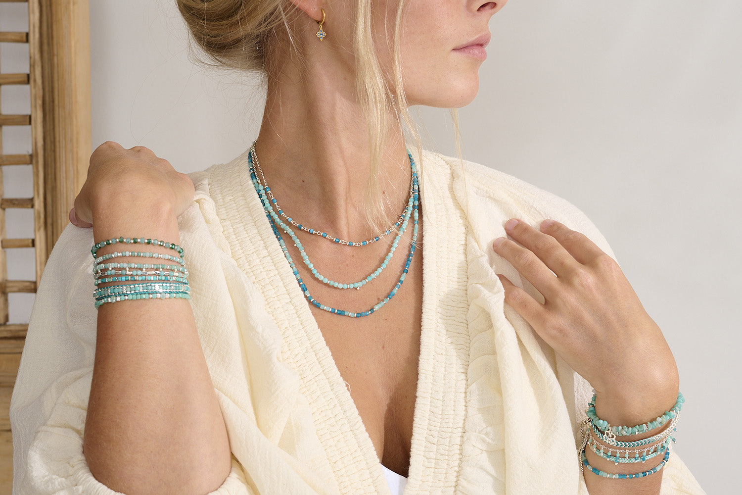 Prunus Aqua & Silver Bracelet lifestyle shot on model