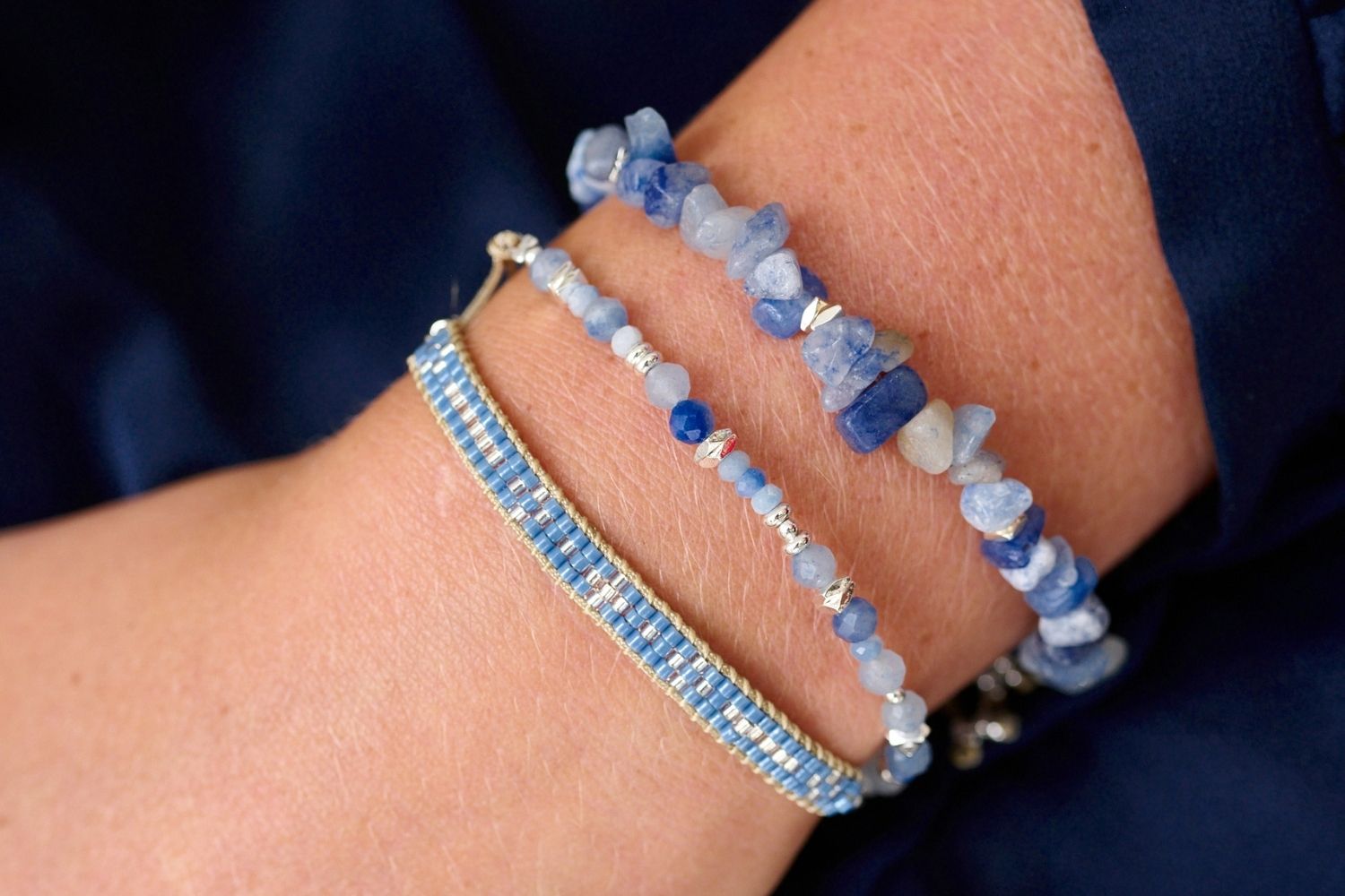 Boho Betty Sana in Blue Aventurine delicately stacked with Maya Blue Silver and Wonder Blue Aventurine.