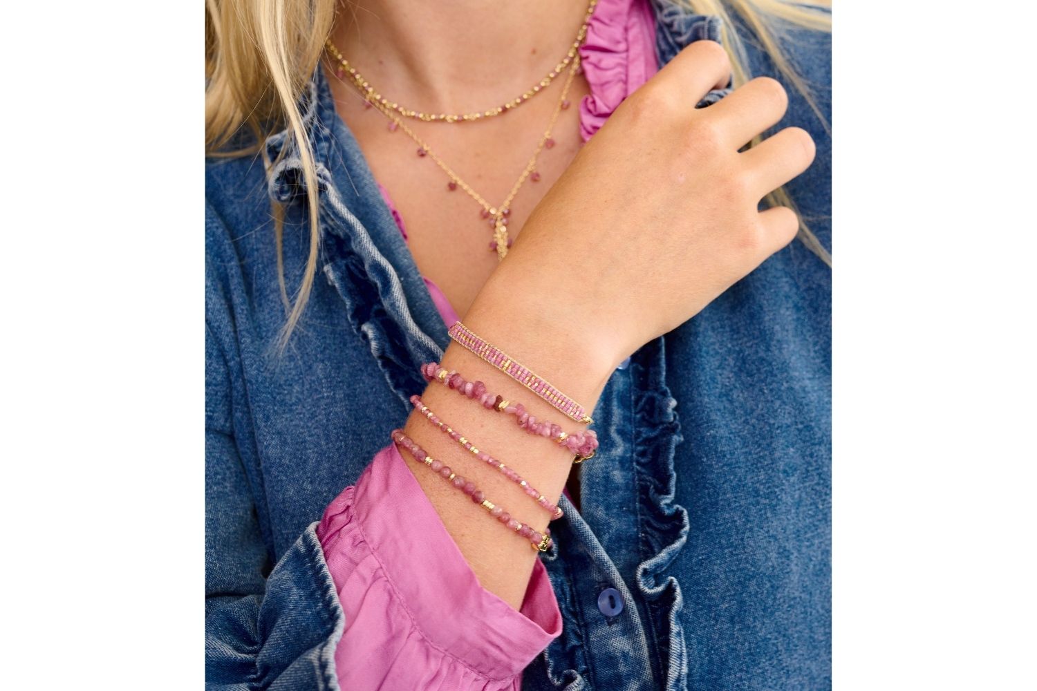 Boho Betty Sana in Pink Tourmaline creating a stunning look with the Ivy, Salus in Pink Tourmaline and the Aslan in Pink Gold.