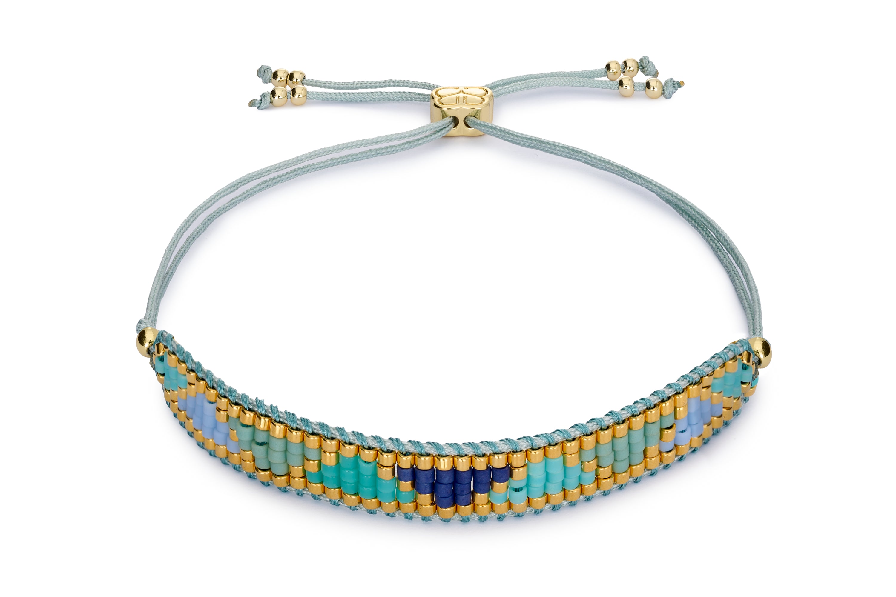 The Venus Point Blue and Gold is a mix of Blue tone and Gold Miyuki beads with a Boho Betty Slider on thread.