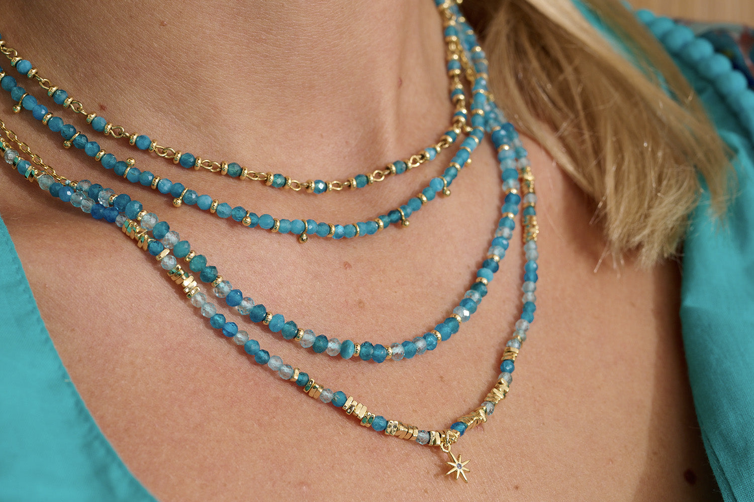 Layer up with the Apatite necklaces, Yolanda, Panacea and Salus. Gleaming with golden tones.