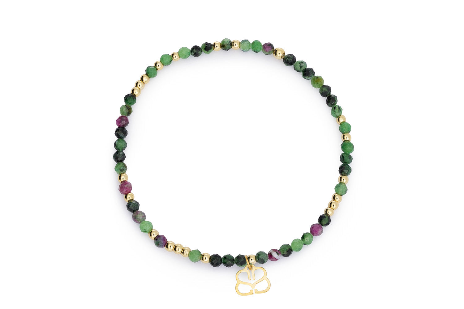 Ailis Gold & Ruby Zoisite Gemstone Bracelet with faceted pink and green stones, gold-plated beads, and Boho Betty signature charm.