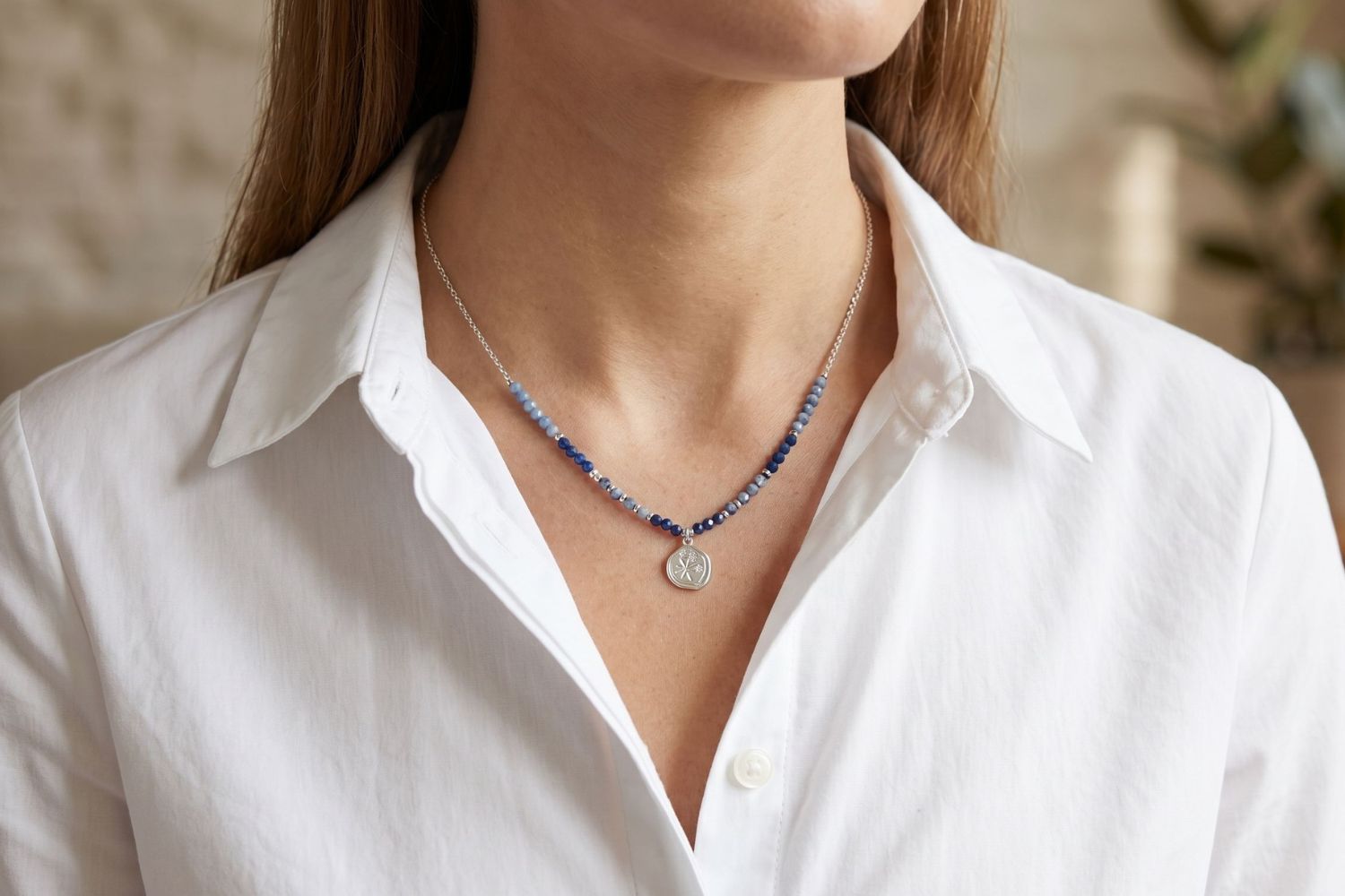 Allat Silver Sodalite Beaded Pendant Necklace