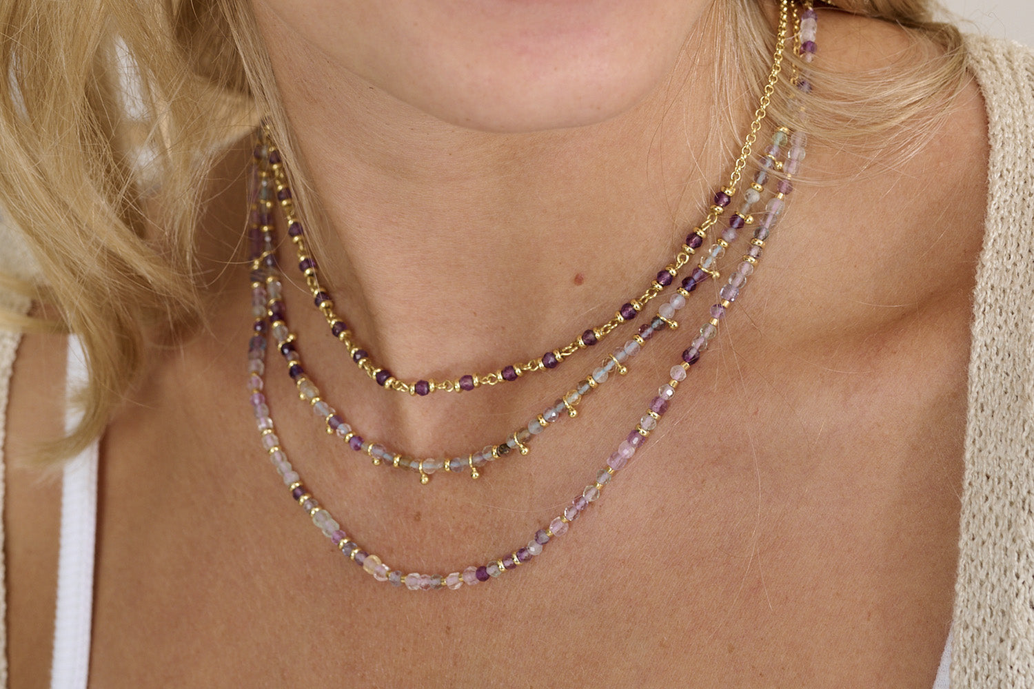 Allegra Rainbow Fluorite Gold Necklace styled for boho-chic and holiday looks, showcasing pastel beads and golden accents, perfect for dreamy twilight moments and layering jewellery.