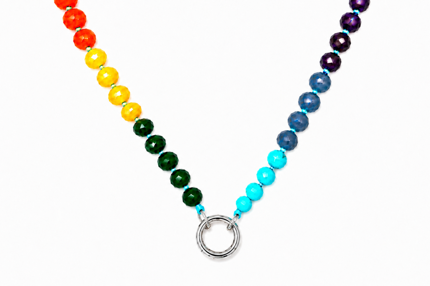 Amala Rainbow Bead Silver Charm Carrier Necklace featuring colourful gemstone beads and a waterproof white gold plated charm carrier clasp.