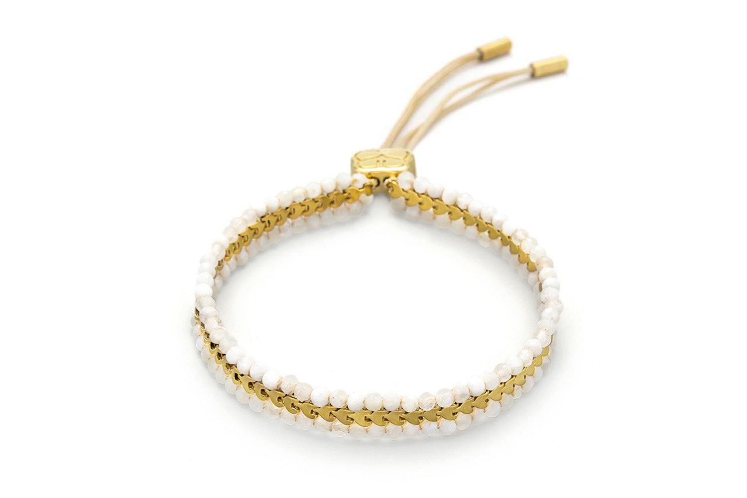 Amara White Shell Stone Gold Bracelet featuring smooth white shell beads, gold-plated chain, and adjustable slider fastening for a relaxed, boho look.