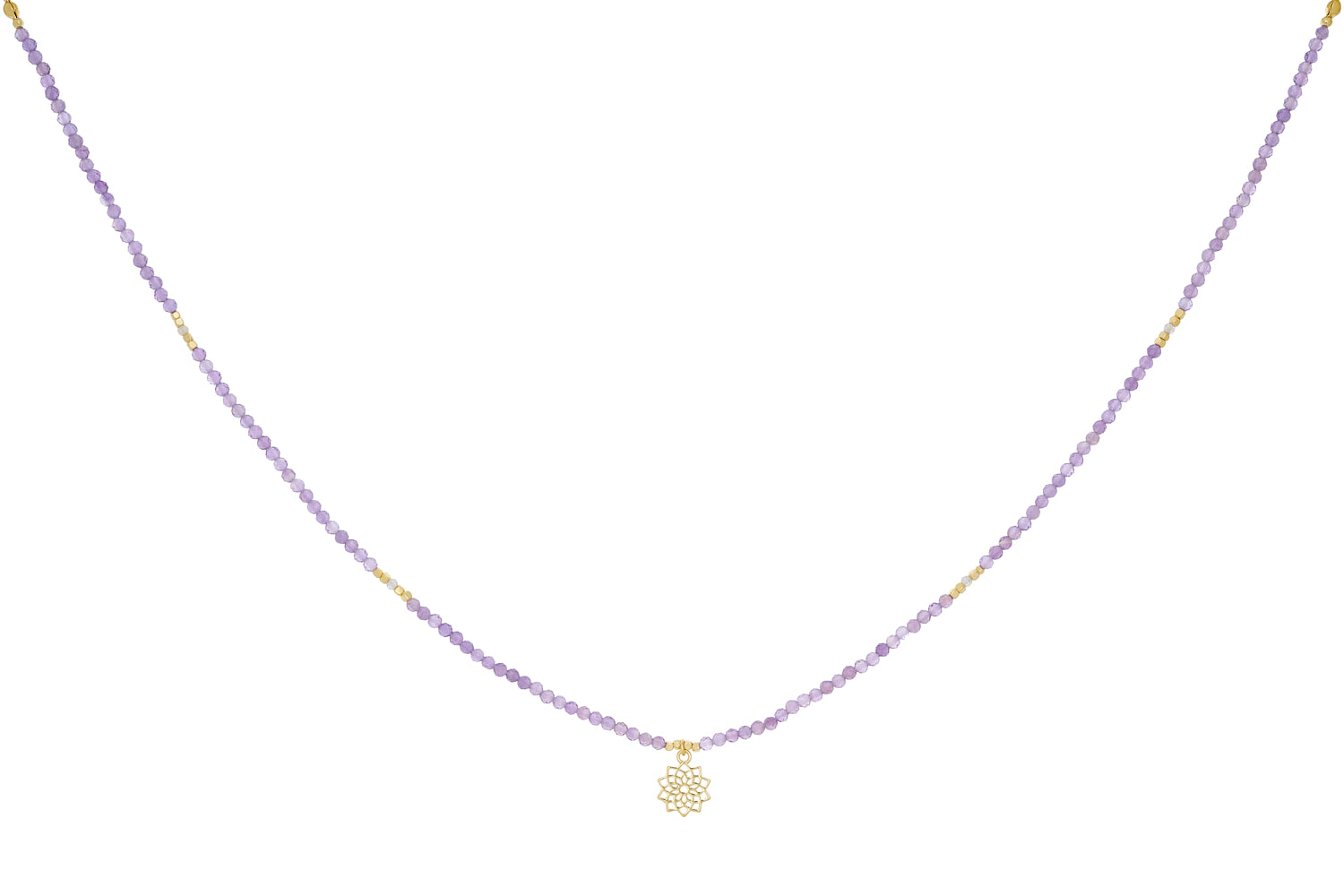 Amethyst and Labradorite Gold Crown Chakra Necklace featuring shimmering labradorite and deep amethyst beads with radiant 12k gold-plated accents for balance and intuition.