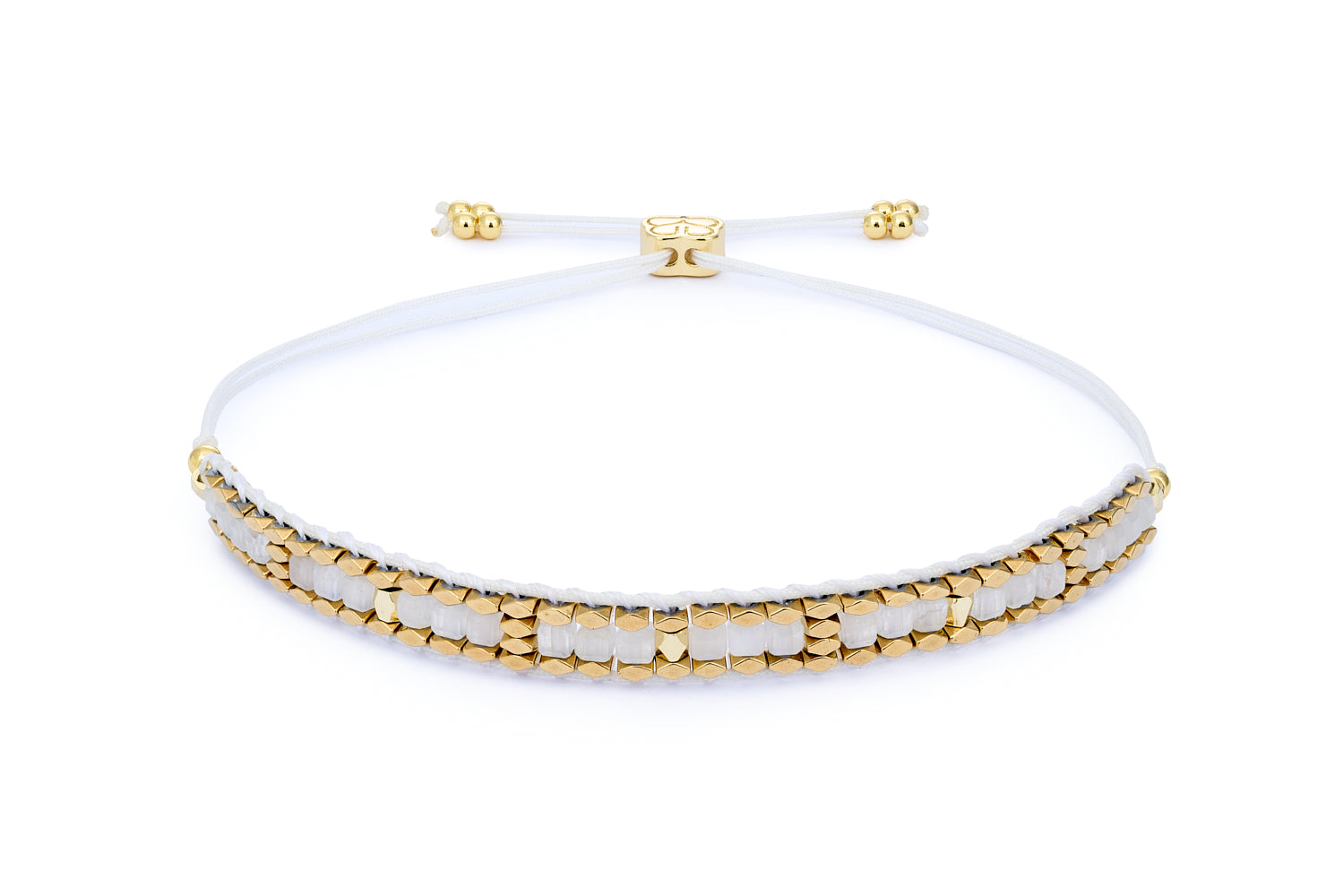 Anastasia Gold & Rainbow Moonstone Beaded Bracelet featuring shimmering rainbow moonstone beads, 12k gold-plated faceted accents, and an adjustable white cord slider for effortless fit and layering.