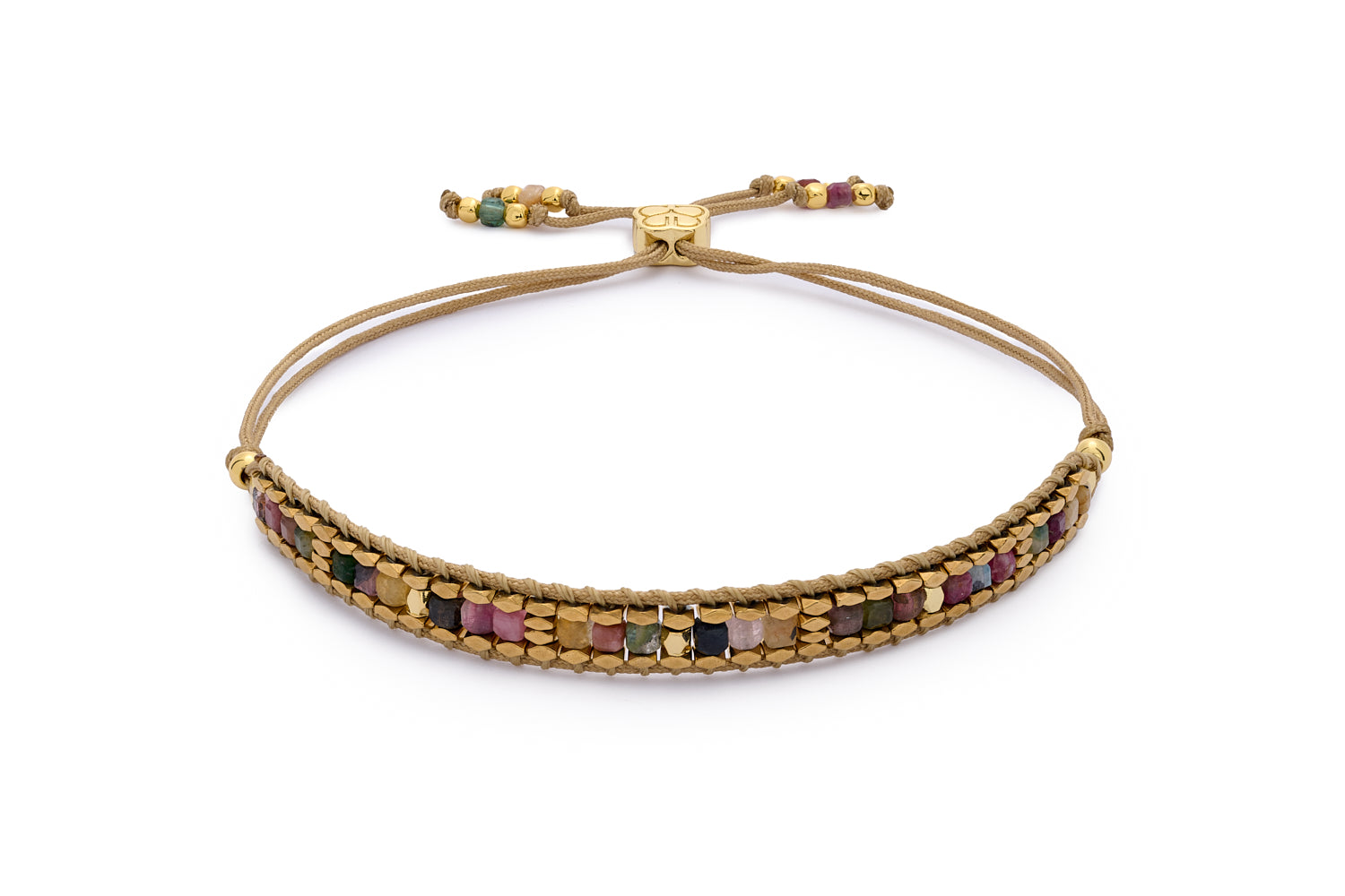 Anastasia Gold & Tourmaline Beaded Bracelet featuring colourful faceted tourmaline gemstones with waterproof gold PVD accents and an adjustable woven slider fastening.