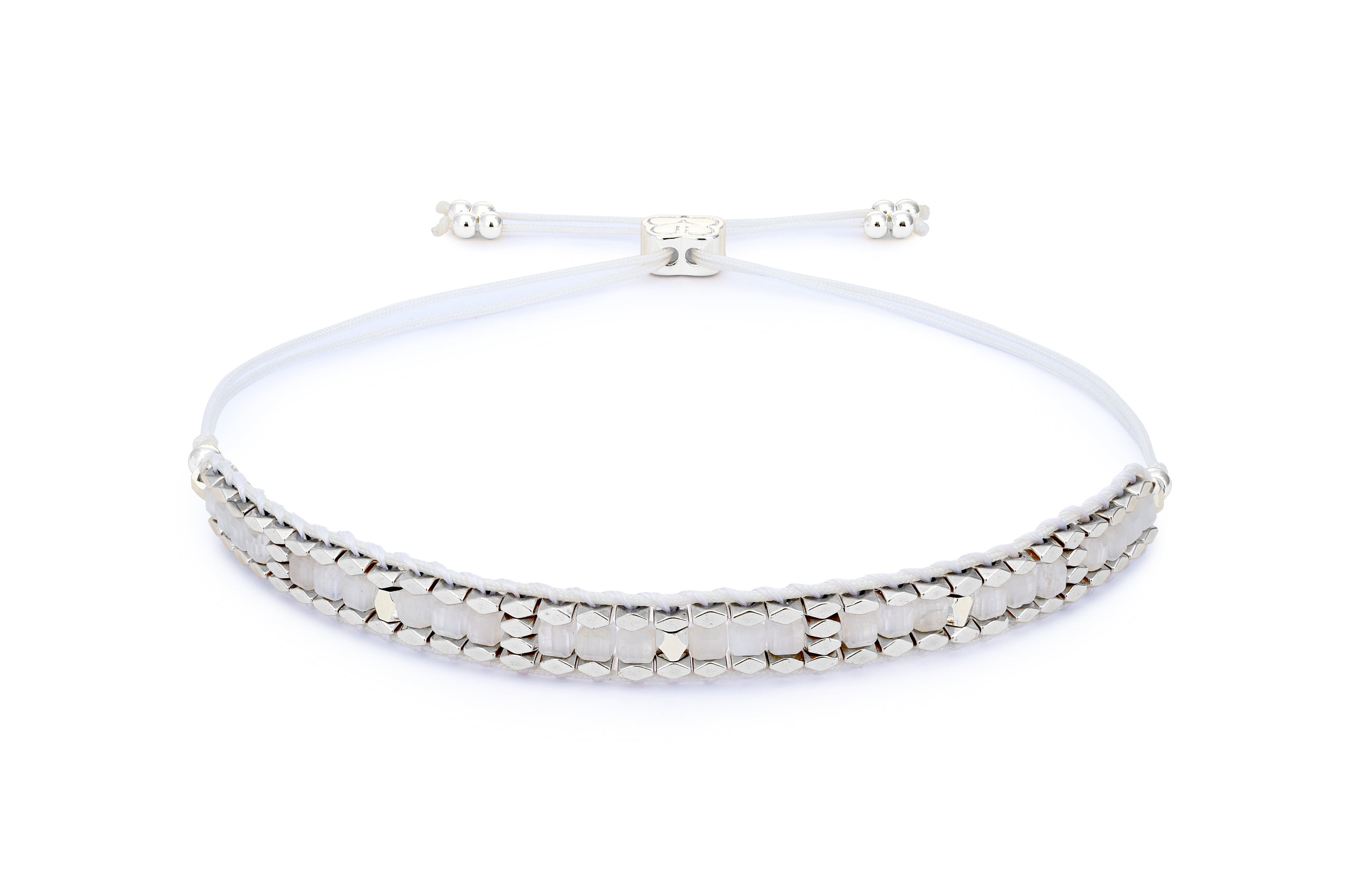 Anastasia Silver & Rainbow Moonstone Bracelet featuring genuine rainbow moonstone beads with a soft shimmer, accented with sterling silver-plated details and an adjustable slider fastening.