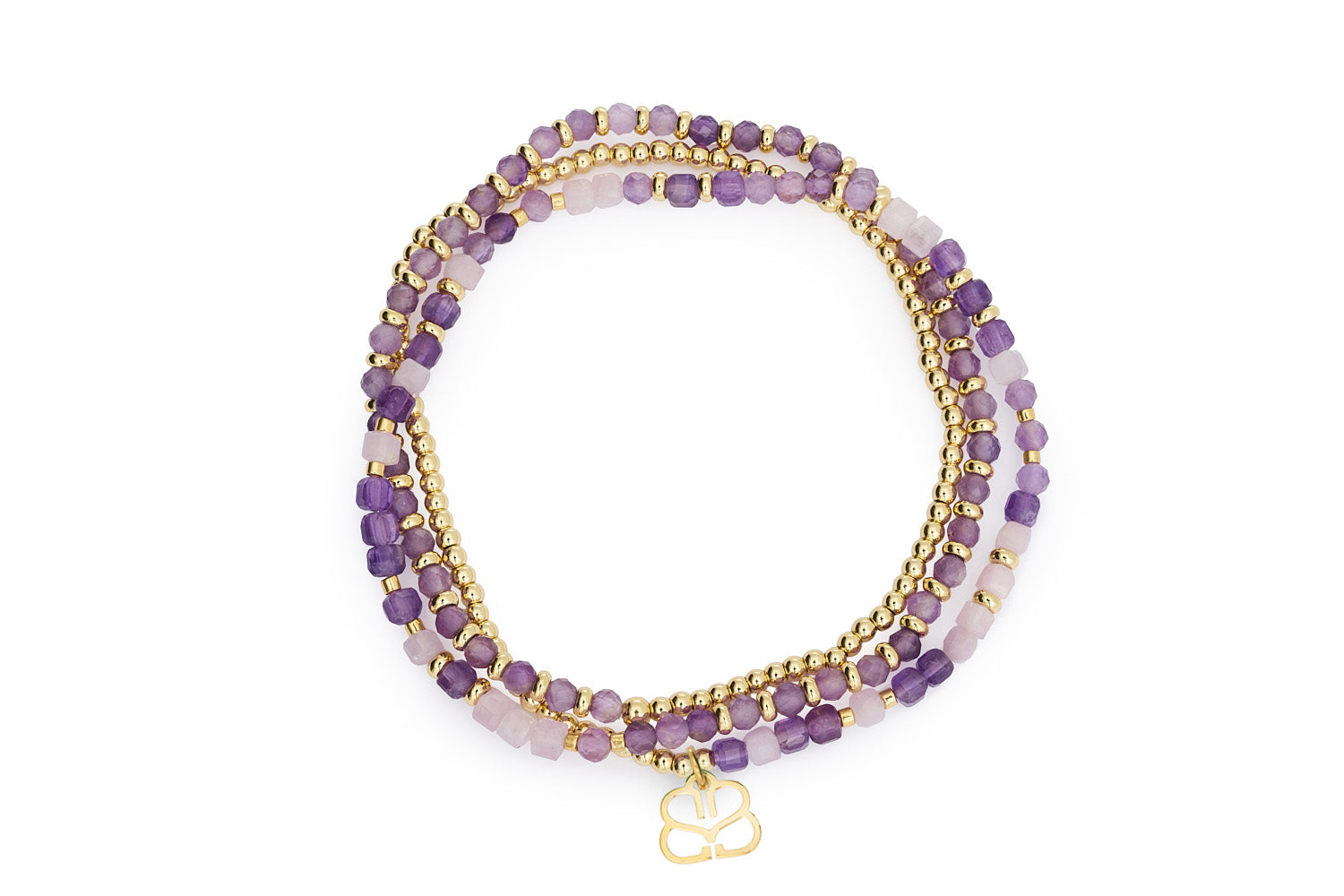Annabelle Gold & Amethyst Beaded Wrap Bracelet with faceted amethyst, soft pink kunzite beads, and polished 12k gold-plated accents.