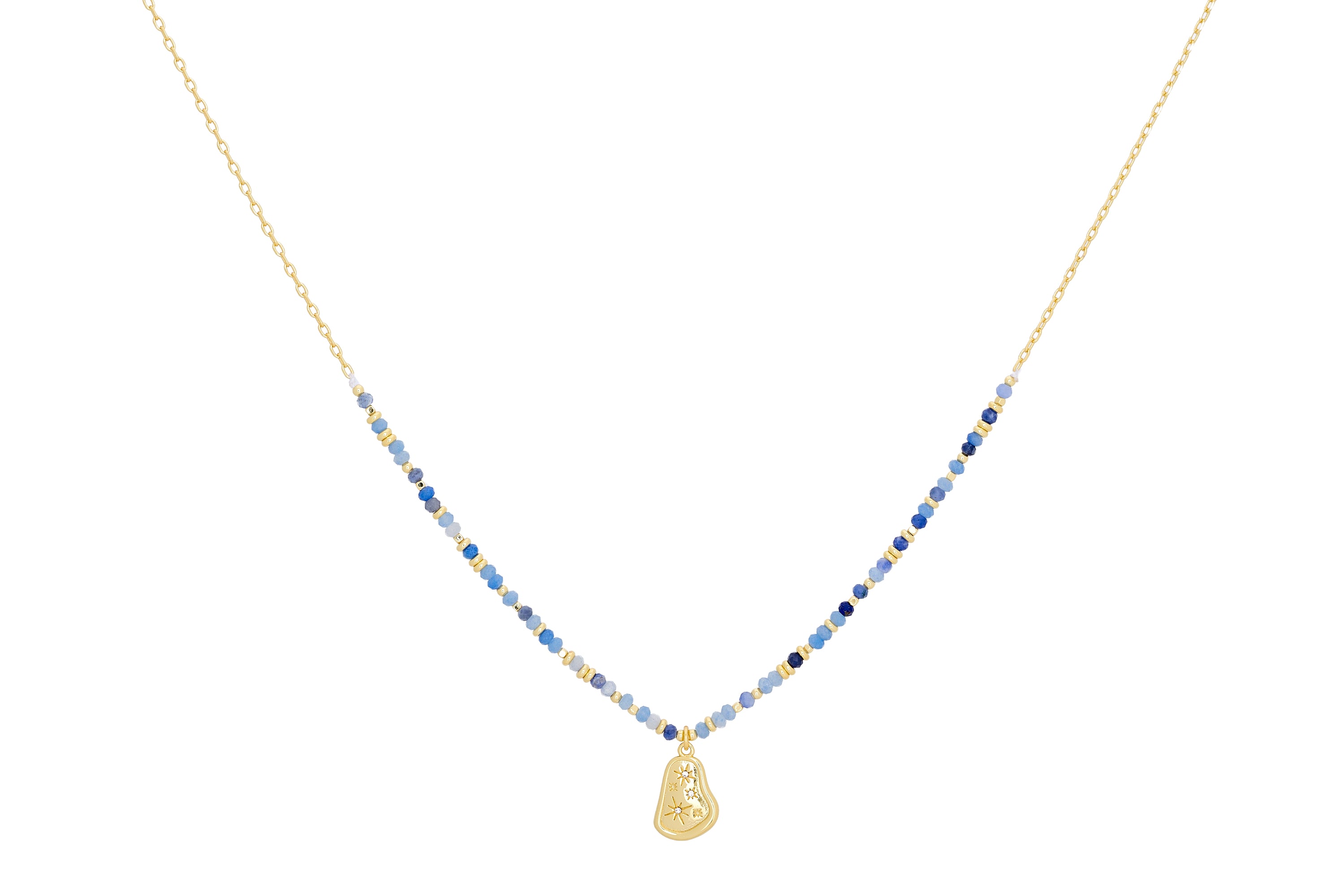 Armino blue aventurine beaded necklace with gold accents and small pendant detail in mixed blue gemstone tones.