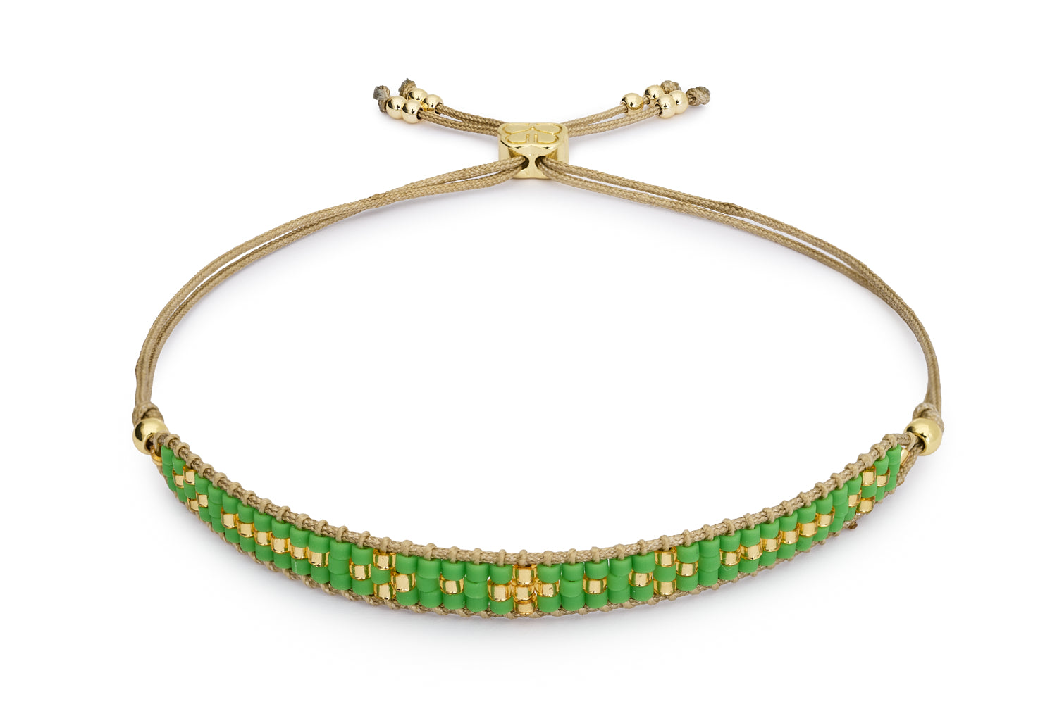 Aslan green and gold beaded bracelet with wide flat weave and Boho Betty charm