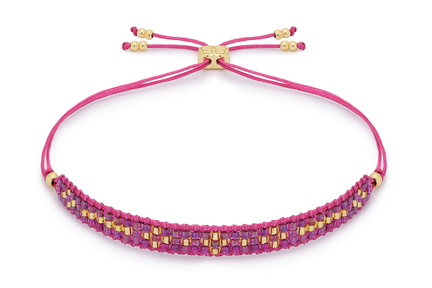 Aslan Raspberry Gold Friendship Bracelet featuring luminous pink and gold Japanese Miyuki beads in three rows, with a subtle iridescent sheen and an adjustable slider fastening.