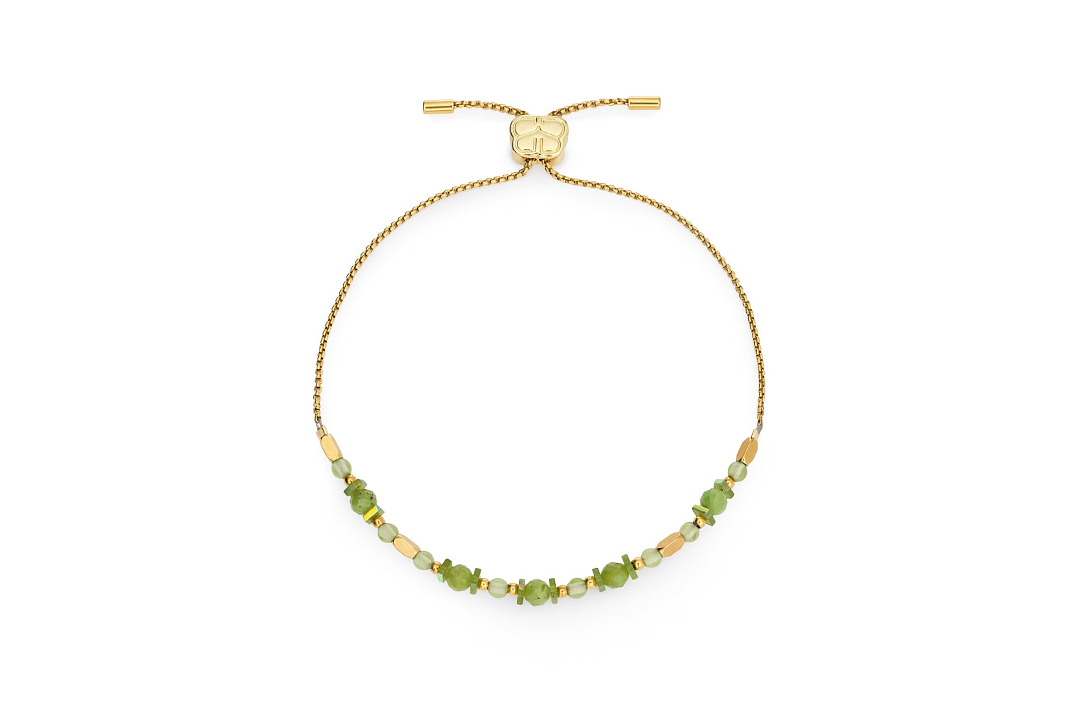aya gold green jade gemstone slider bracelet on white background