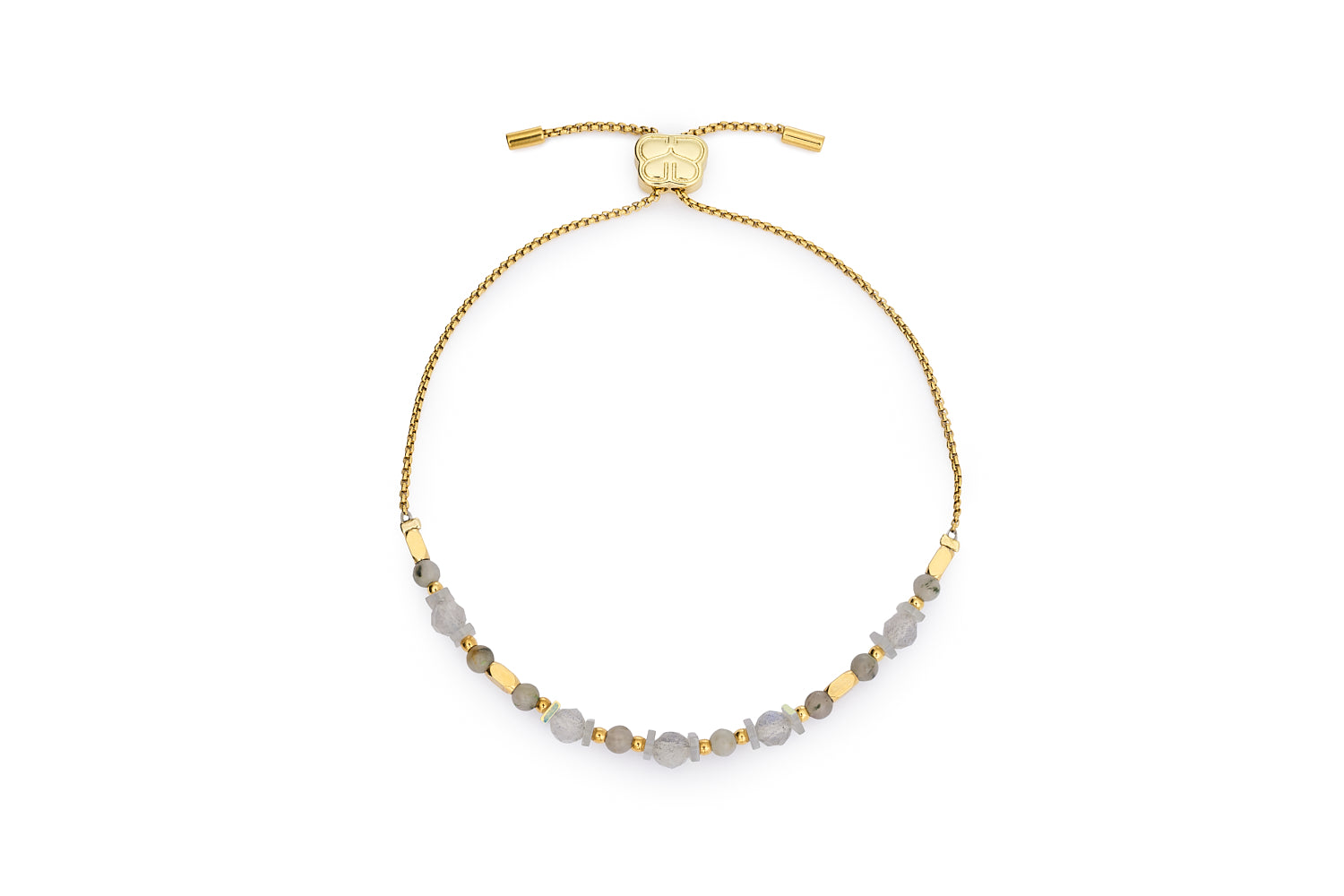 Labradorite gemstone bracelet with cloud crystal and gold PVD slider chain