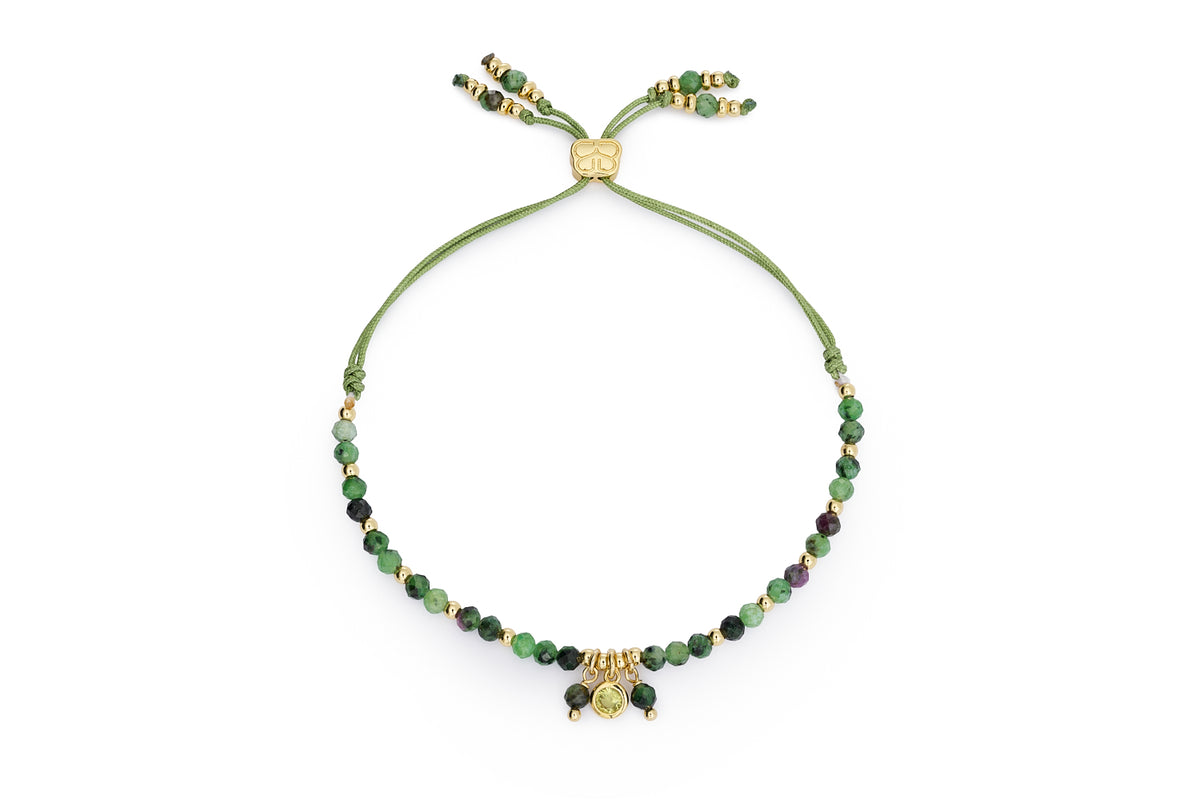 Basilia Ruby Zoisite Gemstone Charm Bracelet in Gold | Boho Betty