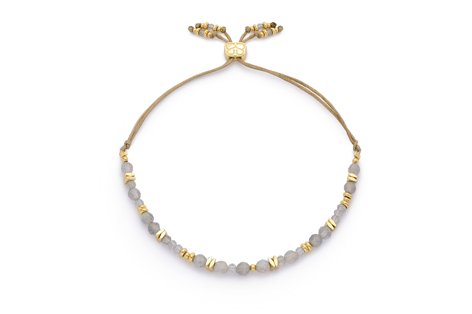 Bliss Labradorite & Gold Bracelet featuring faceted labradorite beads and 12k gold-plated accents on a neutral adjustable cord.