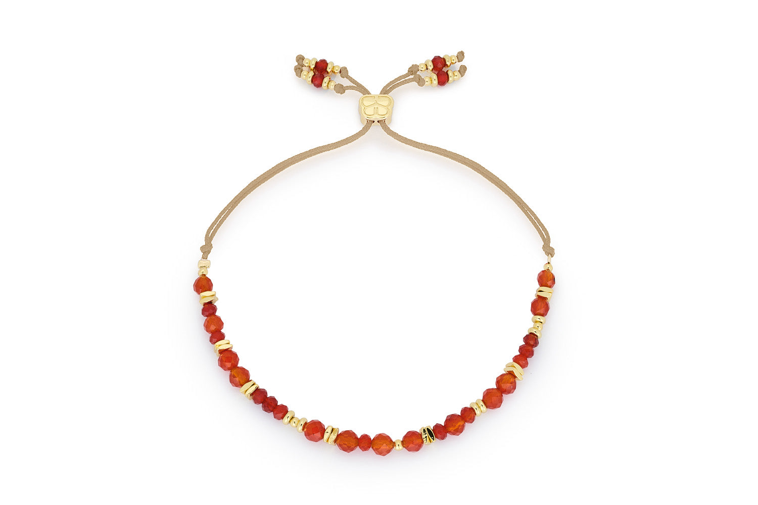 Bliss Red Agate Gold Bracelet featuring faceted red agate gemstone beads, red thread, and 12k gold-plated accents with an adjustable slider fastening.