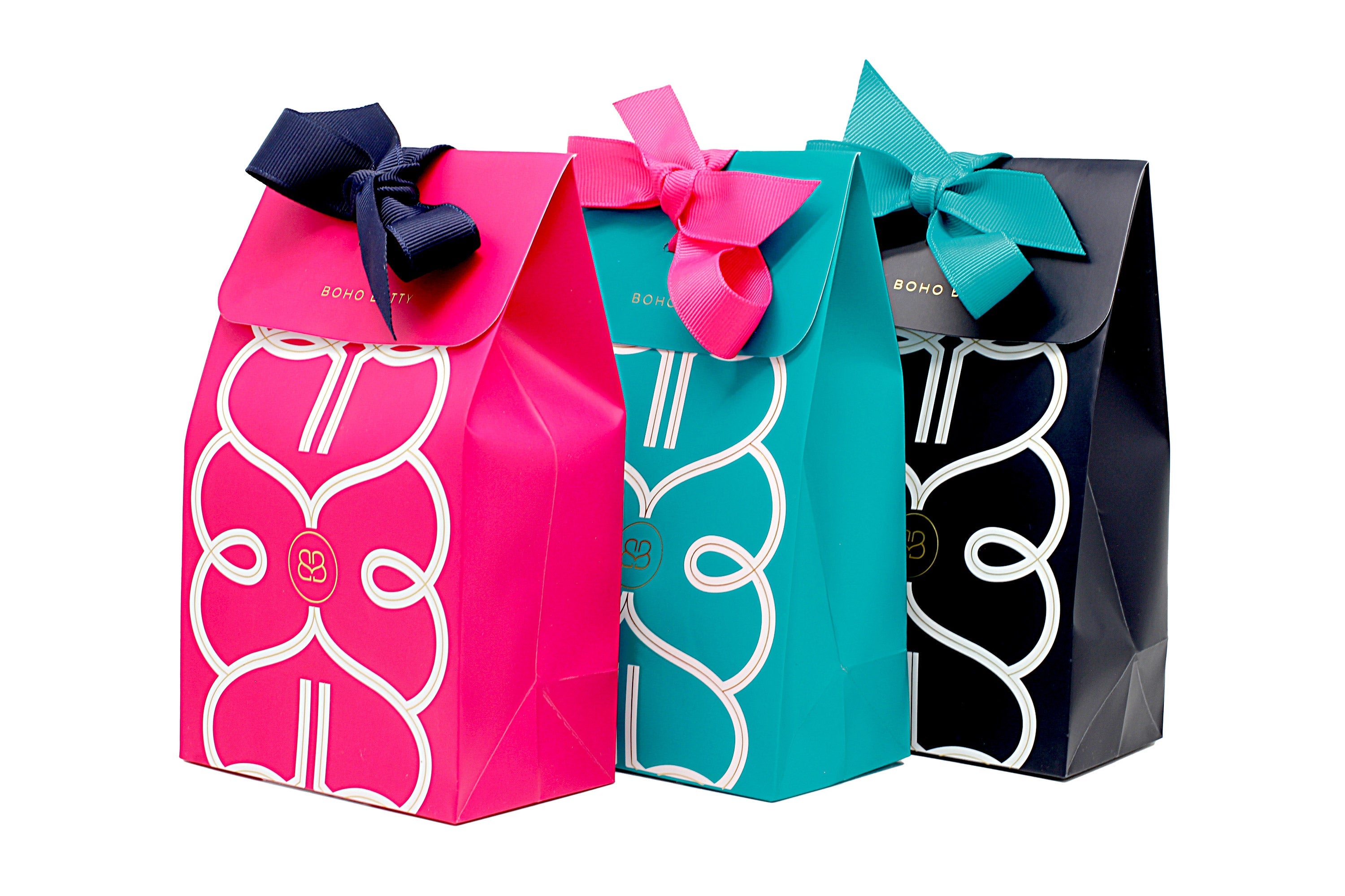 Boho Betty jewellery gift packaging, vibrant packaging options with contrast bows and the iconic Boho Betty logo design.