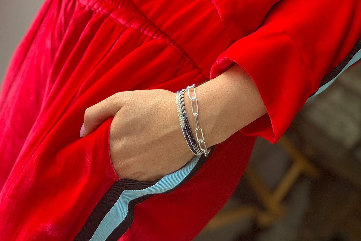 Ukelele Silver Chain Bracelet styled with Hulusaina navy bracelet