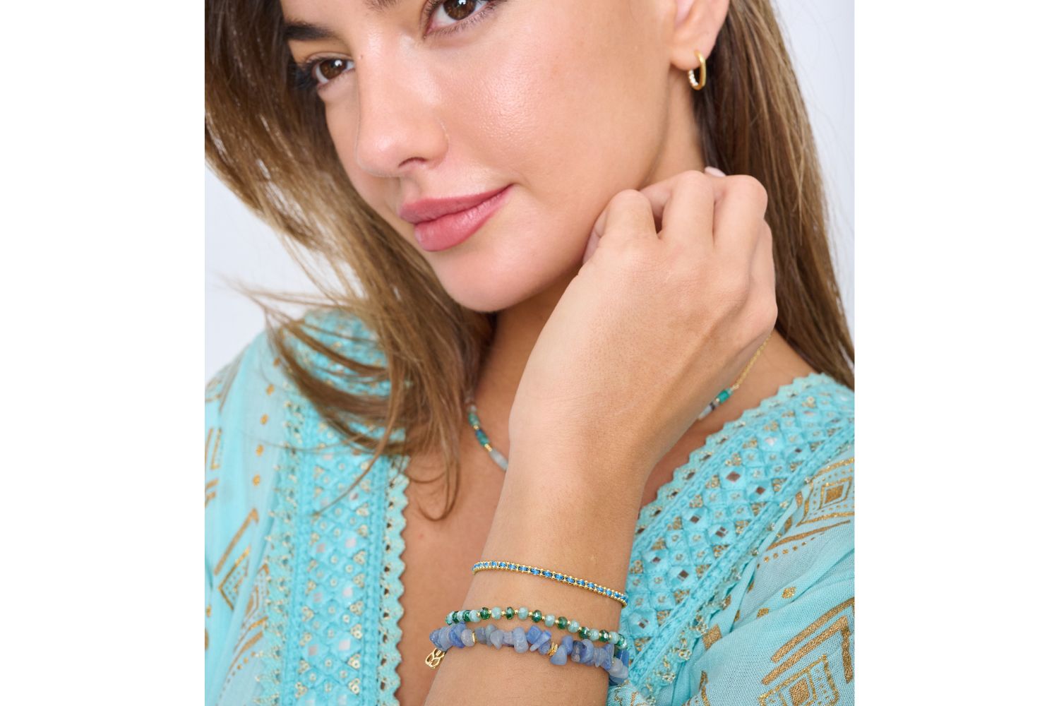 The Boho Betty Blue Aventurine Gold looks fab styled with other blue and green toned jewellery.