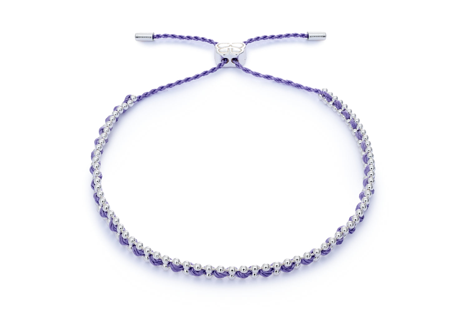 Braid Lilac & Silver Woven Friendship Bracelet featuring soft lilac threading interwoven with a sleek silver-plated beaded chain, finished with an adjustable slider fastening.