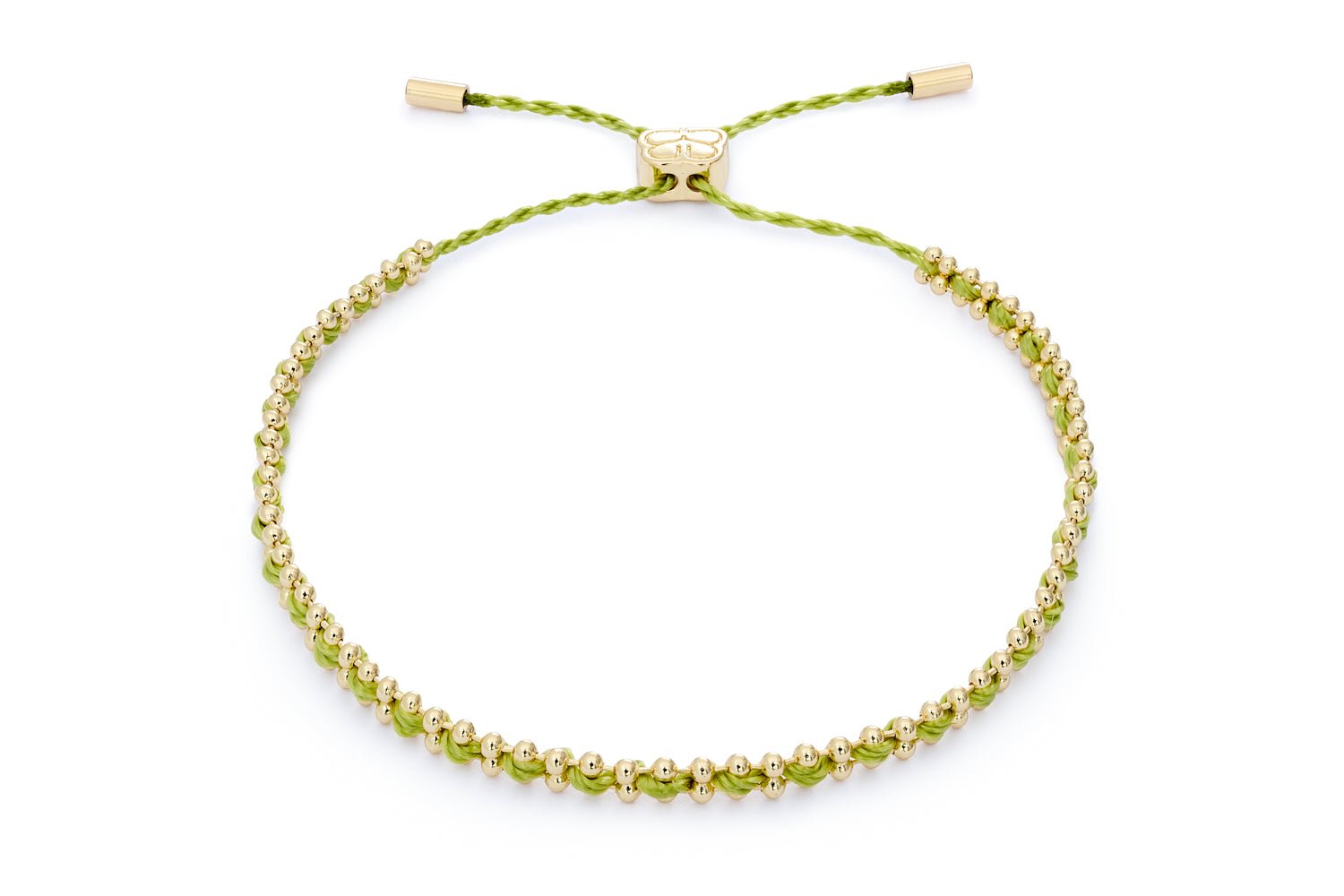 Braid Lime Green & Gold Woven Friendship Bracelet featuring bold lime-green threading interwoven with a delicate 12k gold-plated beaded chain, finished with an adjustable slider fastening.